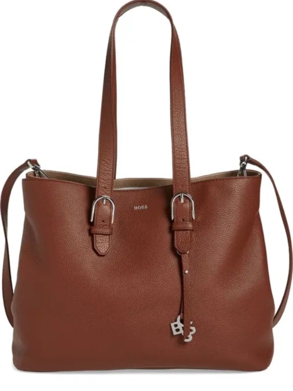 NWT Hugo Boss Open Brown Leather Tote Bag Crossbody Shopper Authentic